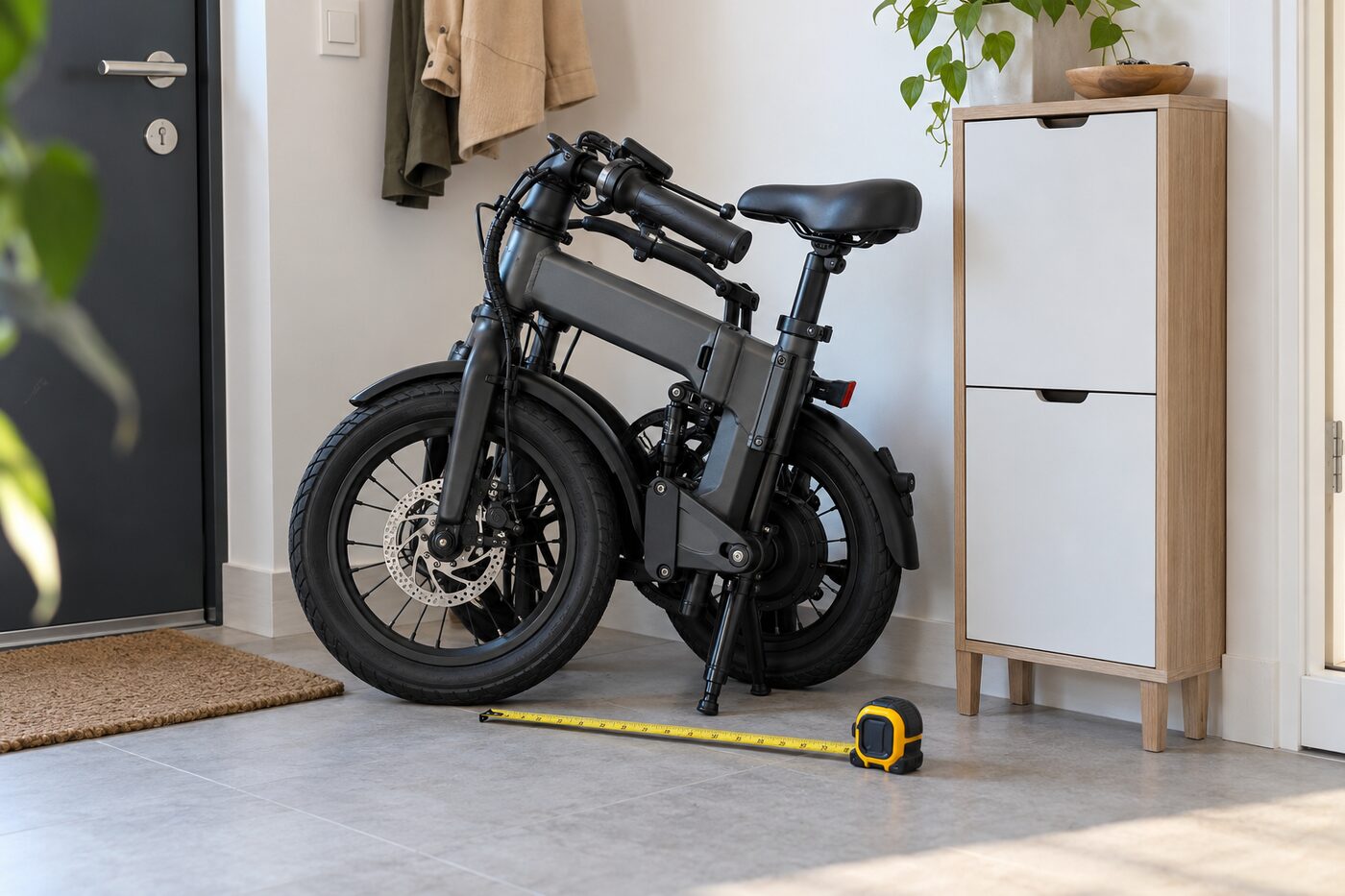 Illustration d’une draisienne compacte repliée près d’un meuble d’entrée et d’un mètre ruban